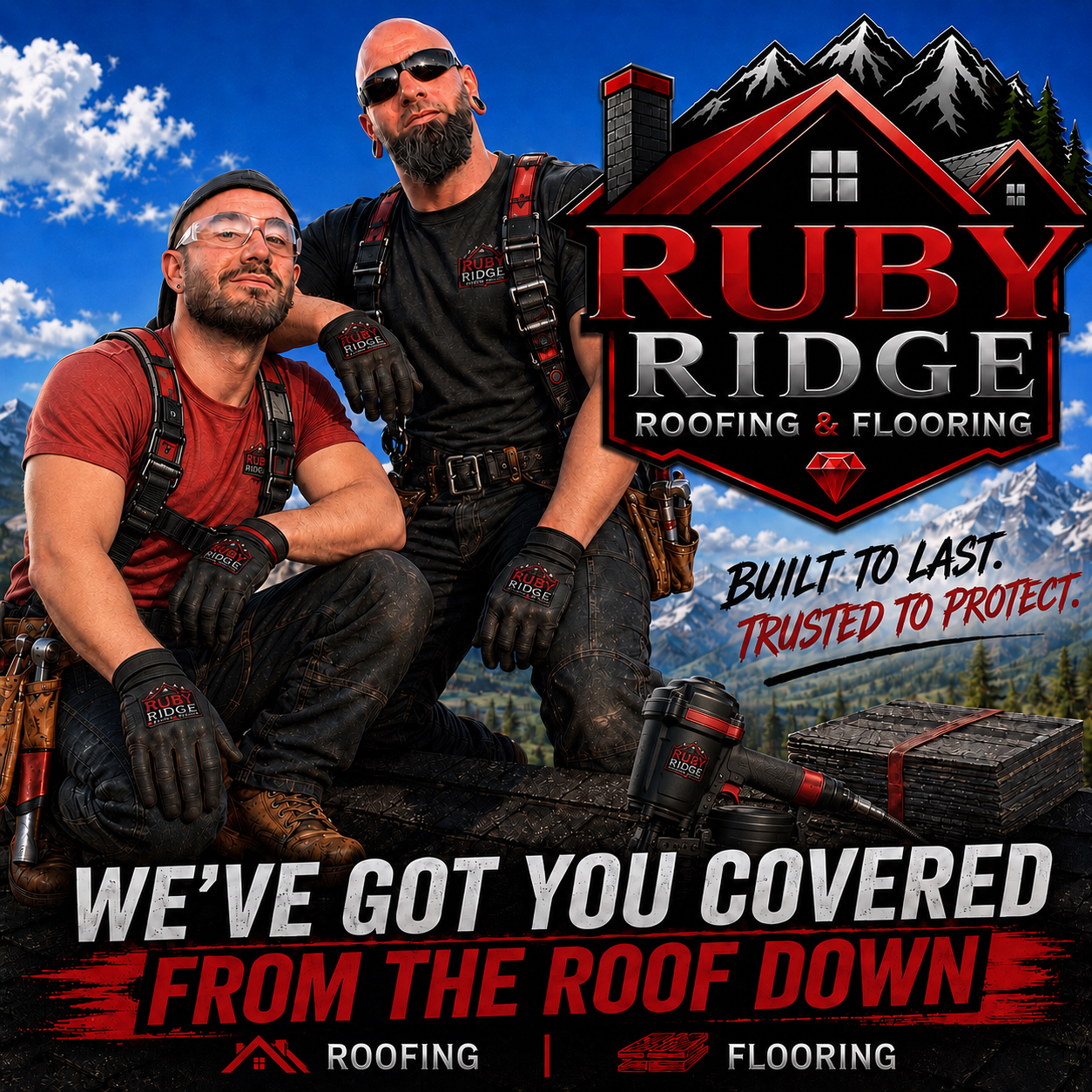 Ruby Ridge Roofing and Flooring advertisement featuring Richard and Joey